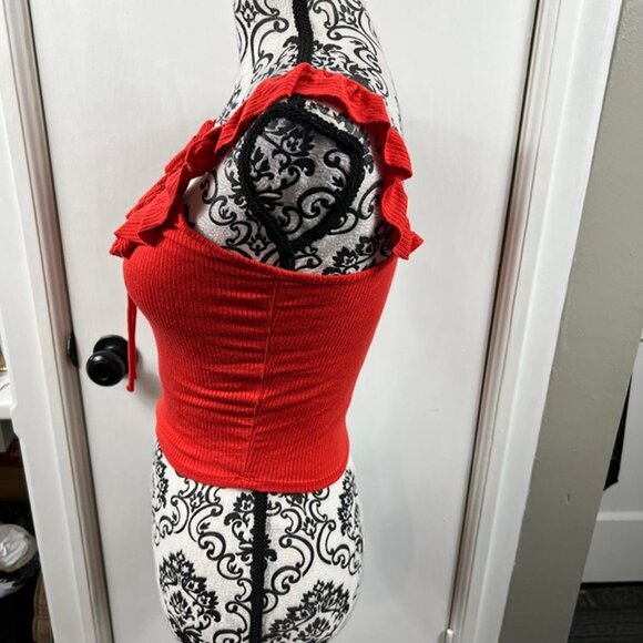 Red Ribbed Ruffle Strap Crop Tank Top | Stretch Knit Fitted Sleeveless Blouse - Picture 5 of 7
